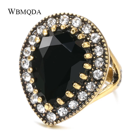 2020 Boho Big Black Stone Ring Antique Gold Mosaic Crystal Turkish Jewelry Vintage Red Wedding Rings For Women Accessories