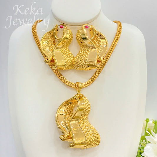 18K Gold Plated Jewelry Set for Women Arabic Pendant Dubai Earrings African Chain Copper Necklace Wedding Bridal  Accessories